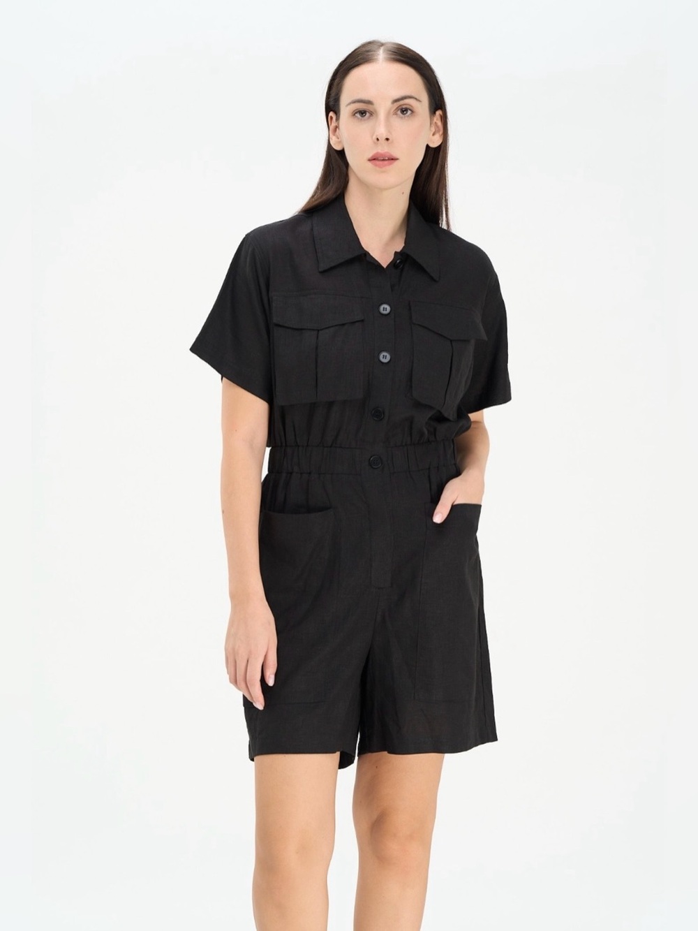 Midnight Chic Utility Button-Down Short Sleeve Romper